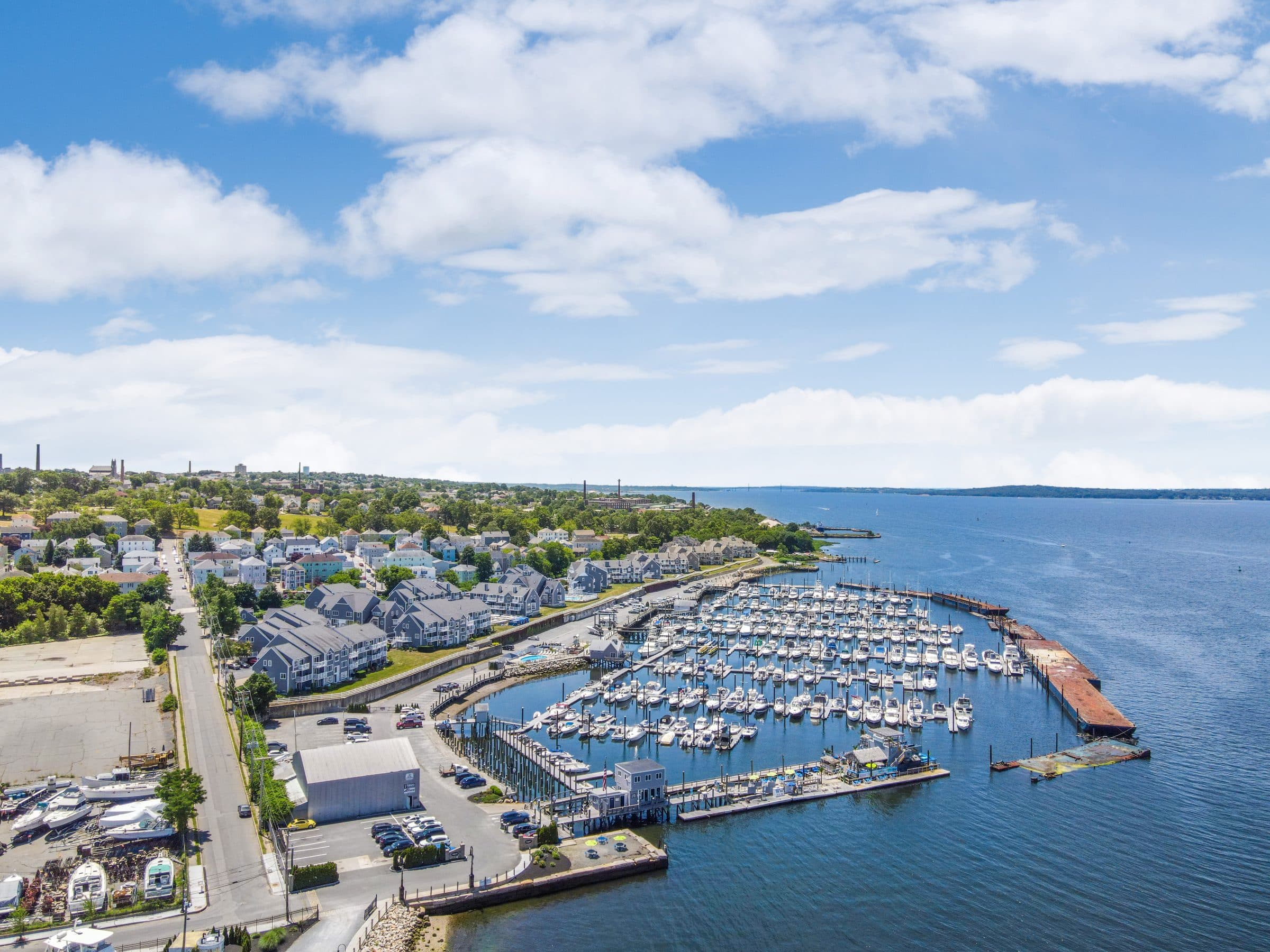 The community and the marina from the south, Mount Hope Bay opening ahead