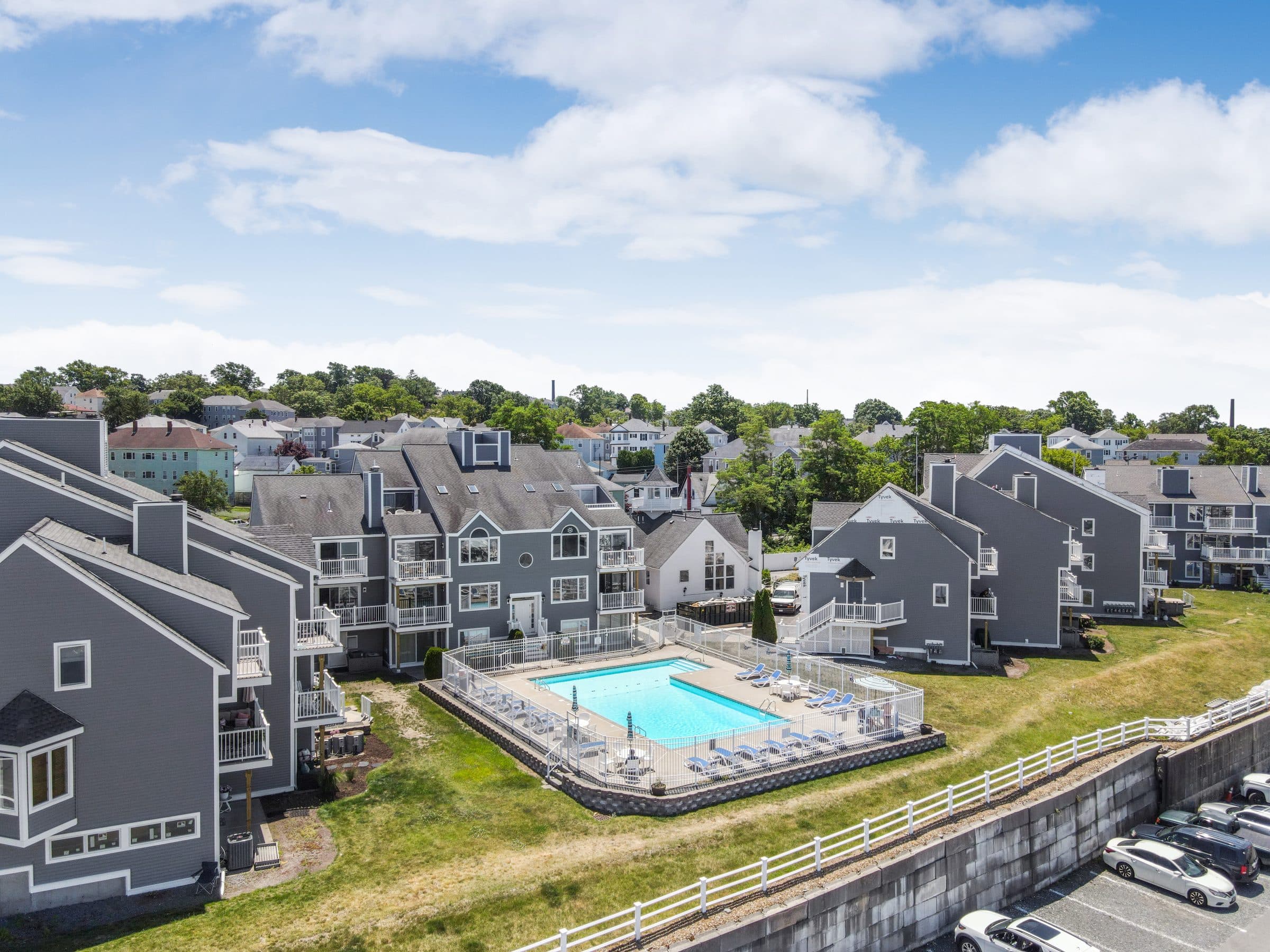 The pool deck, with residences on three sides